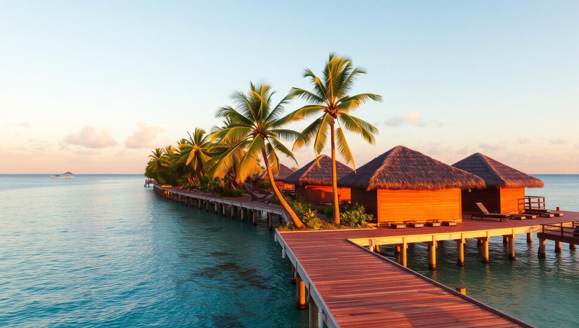 Overwater villas at golden hour